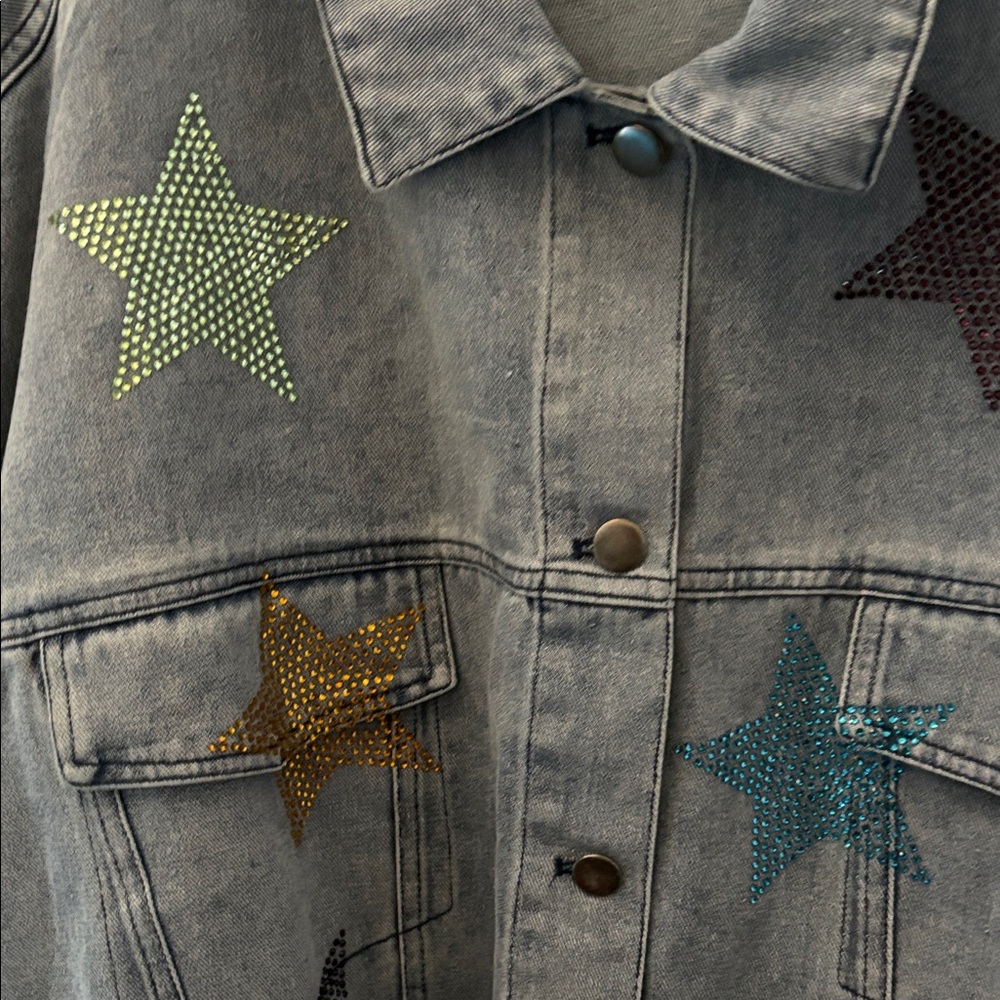 Embellished Gray Denim Jacket with Multicolor Rhinestone Stars - Picture 2 of 4